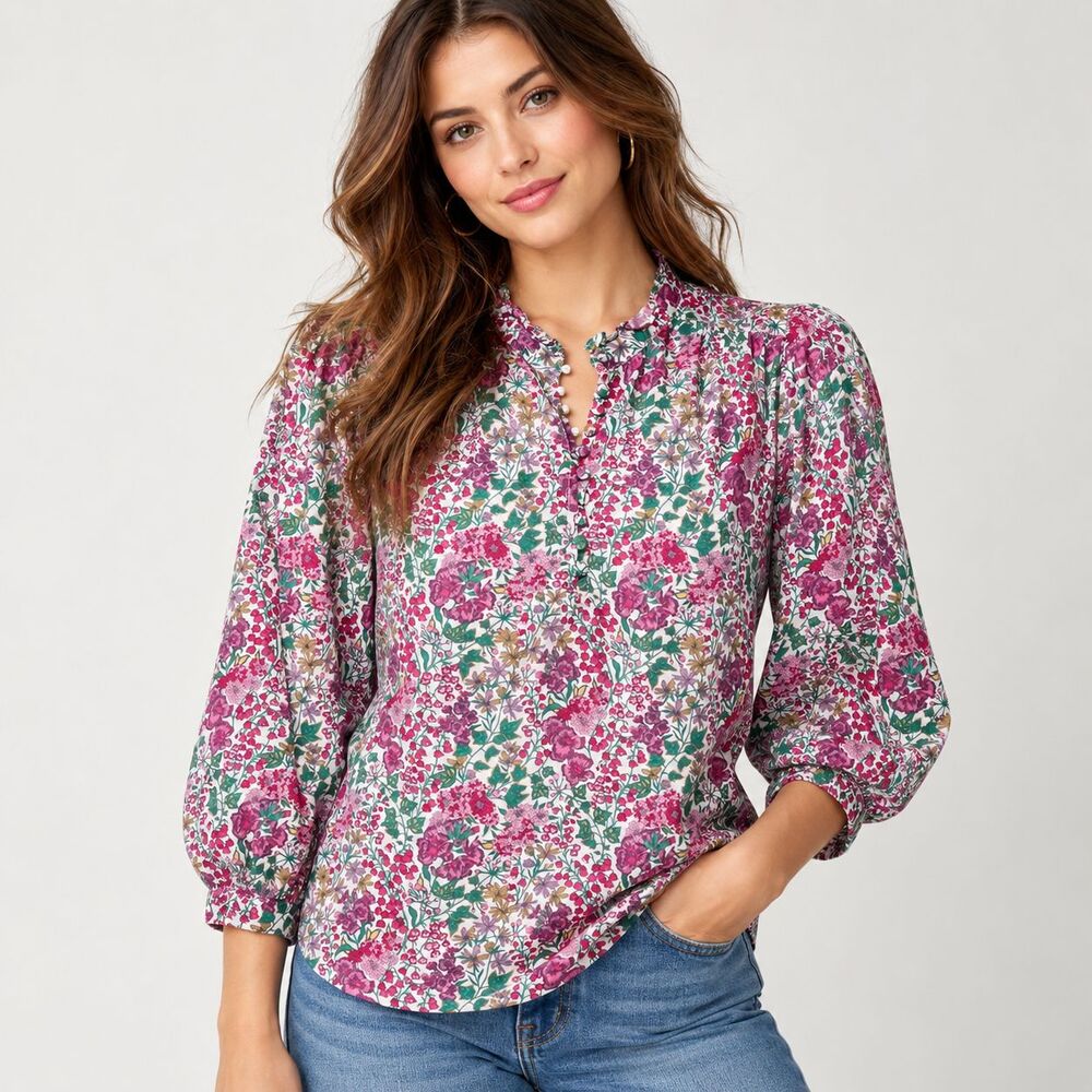 J.Crew Liberty Edna Floral Puff Sleeve Popover Top Small Cotton Ruffle Pink